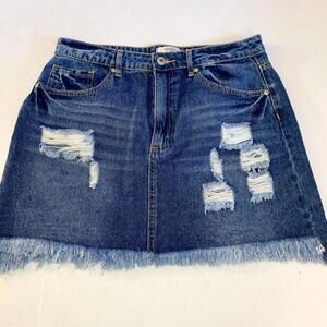 Forever 21 Distressed Denim Mini Skirt with Frayed Hem
